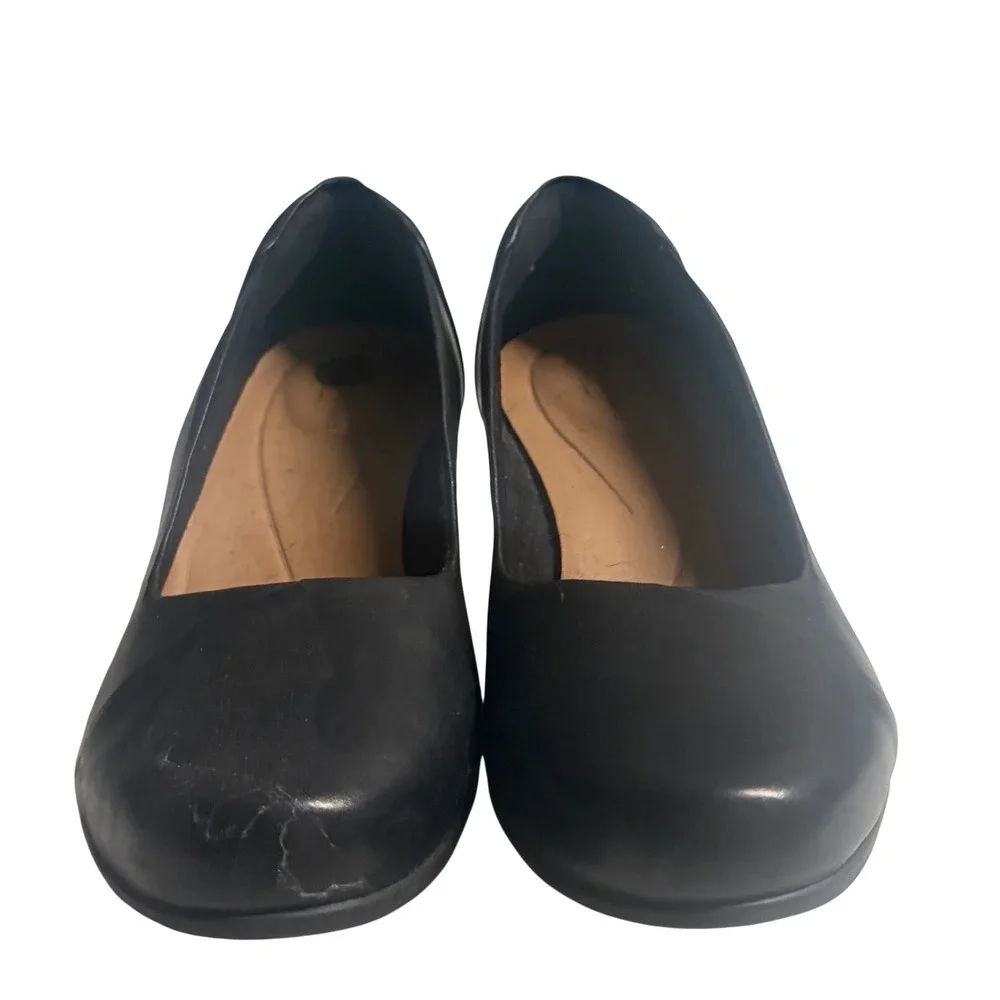 Clarks Unstructured Black Leather Block Heel Pumps Round Toe‎ Womens 10 M